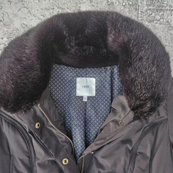 Next Women Jacket Winter Warm Long Coat Faux Fur Collared W Belt Size 12UK - Picture 9 of 12